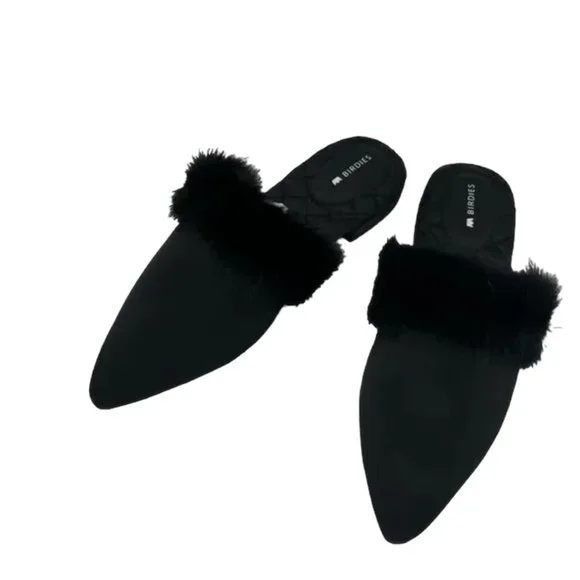 Birdies The Dove Onyx Womens Fur Pointed Toe Slip On Mules, Brand New In Box - Picture 2 of 5